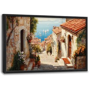 Olivine Italy Large Wall Art, Tuscany Pictures Wall Decor, Coastal Scenery Painting, Vintage Canvas Prints, Framed Artwork for Dining Room Living Room Bedroom Bathroom Office Home Decor 36"x24"