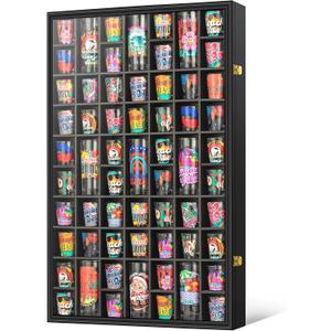 Shot Glass Display Case 61 Slots Large Capacity Holder with HD Acrylic Front 98% UV Protection Solid Wooden Wall Mounted Cabinet for Shot Glass Collection