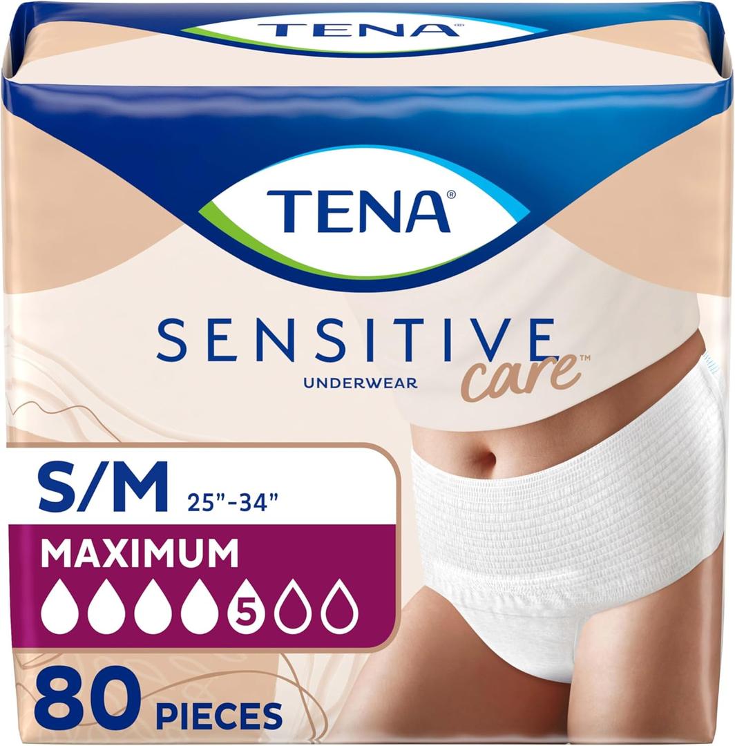 TENA Sensitive Care Adult Incontinence Underwear for Women, Maximum, Small/Medium, White, Disposable, 80 Count (8 Packs of 10)