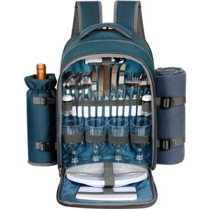 Hap Tim Picnic Basket Backpack for 4 Person with Blanket, Wine Holder, Cooler Compartment, Cutlery Set, Couples Gifts, Mr & Mrs Gifts, Bridal Shower Gifts, Registry Wedding Registry, Blue (3065-BL)