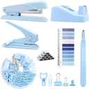 Blue Office Supplies,UPIHO Blue Desk Accessories,Stapler and Tape Dispenser Set for Women with Stapler,Tape Dispenser,Magnetic Staple Remover,Staples,Clips,Hole Punch and Tabs,School Supplies