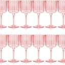 12 Pack Plastic Ribbed Glasses With Stem 11 oz Goblet Detachable Glass Disposable Champagne Cups Vintage Style for Wedding Anniversary Birthday Dinner Parties (Pink)