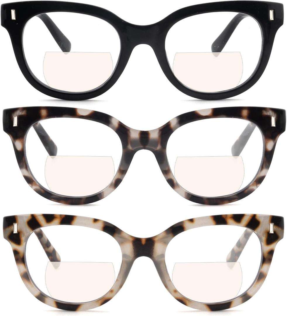 3 Pack Bifocal Reading Glasses for Women Men Classic Clear Top Bi-focal Readers Full Lenses Dual Focal Eyeglasses Black+shallow Tortoiseshell+deep Tortoiseshell, 3.0 x