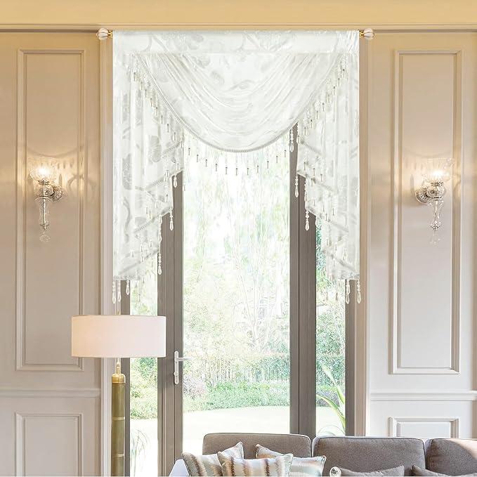 VOGOL White Sheer Waterfall Window Valance with Beads, 39 x 43, 1 Panel | Light Filtering Voile, Easy to Hang, Soft Swag Drape, Window Treatment for Bedroom, Living Room and Small Windows