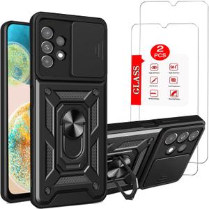 for Samsung Galaxy A23 Case with [2 Pack] Glass Screen Protector, Galaxy A23 4G / 5G Case Heavy Duty Shockproof Armor [Military-Grade] Protectivewith Lens Protects Magnetic Ring Stand Cover (SJ-Black)