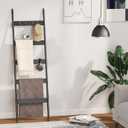 Blanket Ladder, 5-Tier Towel Holder with 4 Removable Hooks, Farmhouse Wall Leaning Decorative Rack Shelf, Wooden Towel Display Rack, Quilt Ladder for Living Room, Bedroom, Black