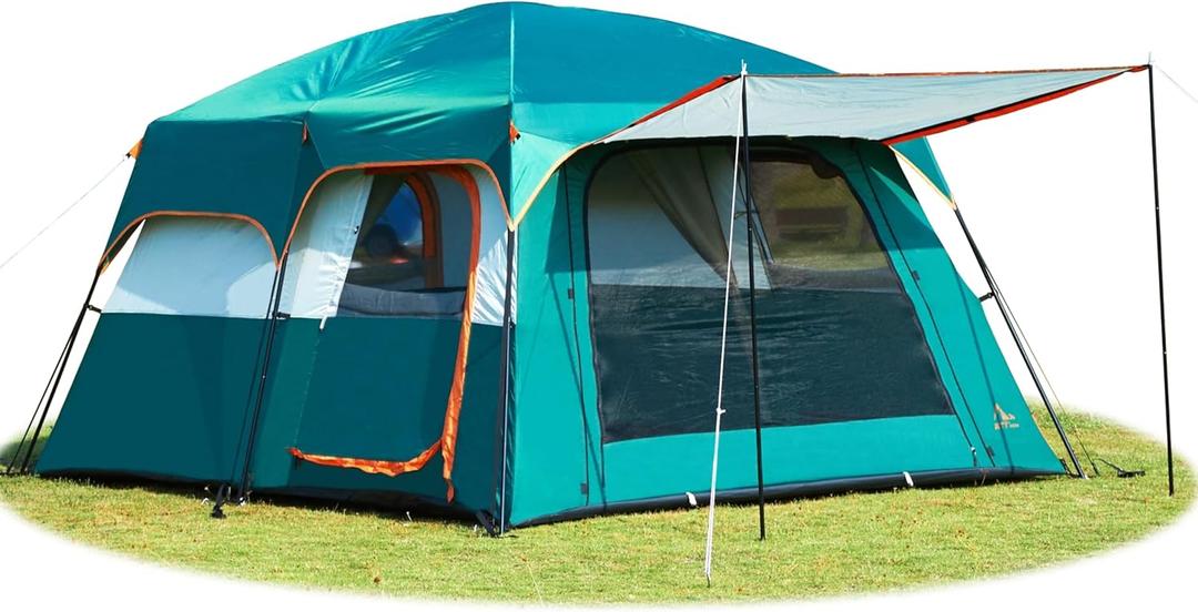KTT Extra Large Tent 10 Person, Family Cabin Tents, 2 Rooms, 3 Doors and 3 Windows with Mesh, Straight Wall, Waterproof, Double Layer, Big Tent for Outdoor, Picnic, Camping, Family Gathering(Green)