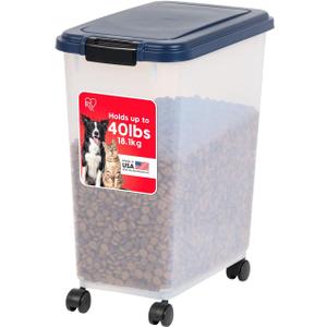 IRIS USA Airtight Dog Food Storage Container, Up to 40 lbs, Attachable Wheels, For Dog Cat Bird and Other Pet Food Storage Bin, Keep Fresh, Translucent Body, Easy Mobility, Navy