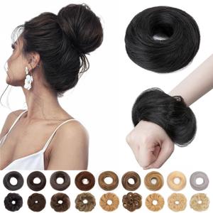 S-noilite Messy Bun Hairpiece Real Human Hair for Women Tousled Updo Scrunchie Donut Chignon Realistic Natural Bun Hair Piece Jet Black