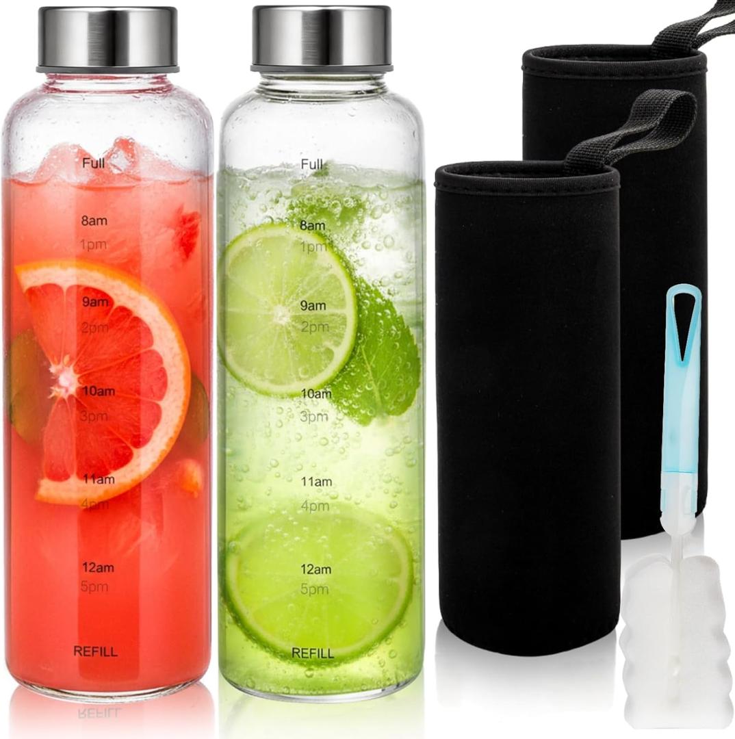 2 Pack Glass Water Bottles With Time Marker, 18 OZ Motivational Water Bottle with Non-slip Sleeve, Beverage Bottles with Hydrating Reminder, Reusable Drinking Bottle for Hot and Cold Drinks