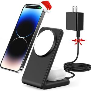 Meifigno 2-in-1 for Magsafe-Compatible Charger Stand with PD 20W USB-C Charger Block & Cable, Fast Charging Wireless Charger Designed for iPhone 16 Pro Max/ 15/14/13/12, AirPods 4/3/Pro 2/Pro, Black