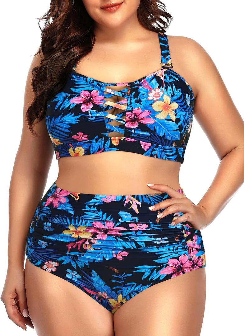 Daci Women Plus Size Two Piece Swimsuit - High Waisted Bikini Tummy Control Bathing Suit Bandeau Swimwear (XX-Large, Blue and Flower)
