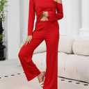 BWQ Sexy 2 Piece Outfits for Women Long Sleeve Wide Leg Pants Casual Lounge Matching Sets (Red, M)
