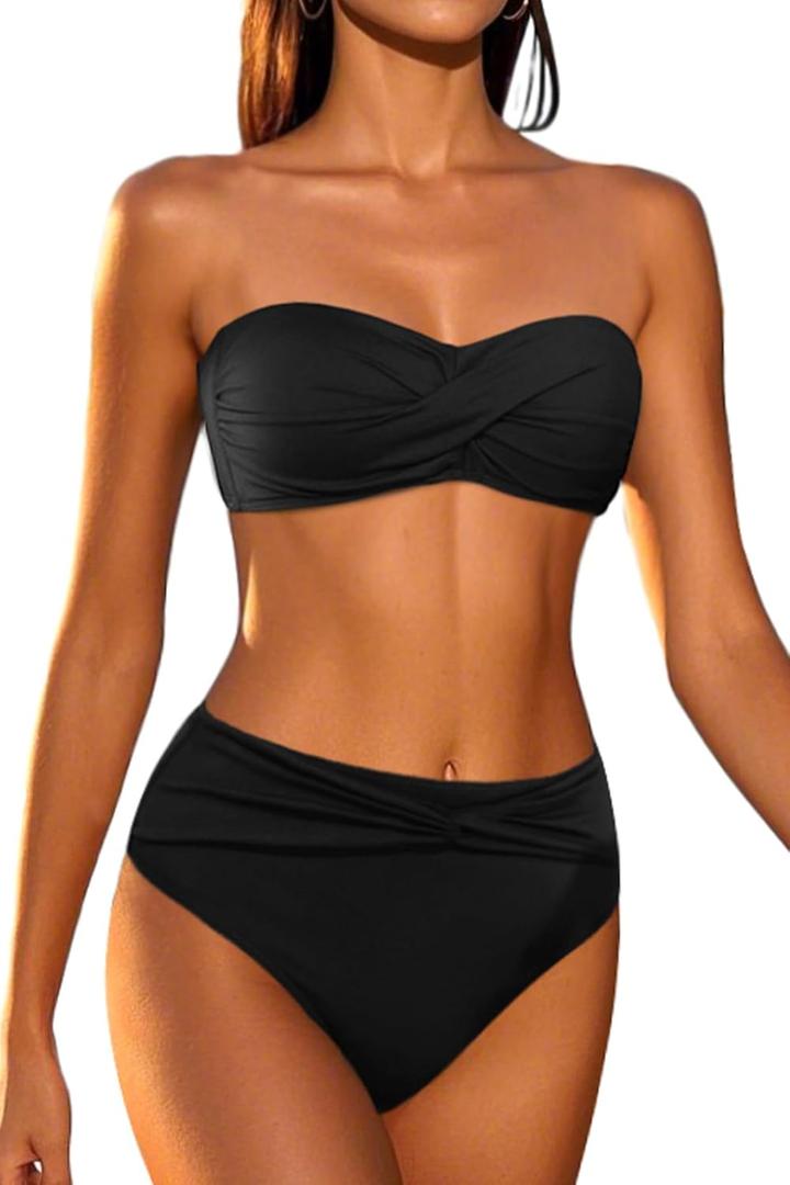 Tempt Me Women Bandeau Bikini Set Twist Strapless Two Piece Swimsuit High Cut High Waisted Bathing Suits (Large, Black)