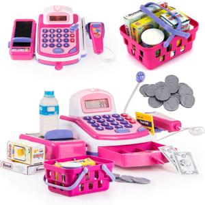 Prextex Grocery Store Pretend Play Electronic Toy Cash Register Set - STEM Cash Register for Kids with Microphone, Play Money, and Food Basket - Kids Checkout Toys with Scanner- Pink