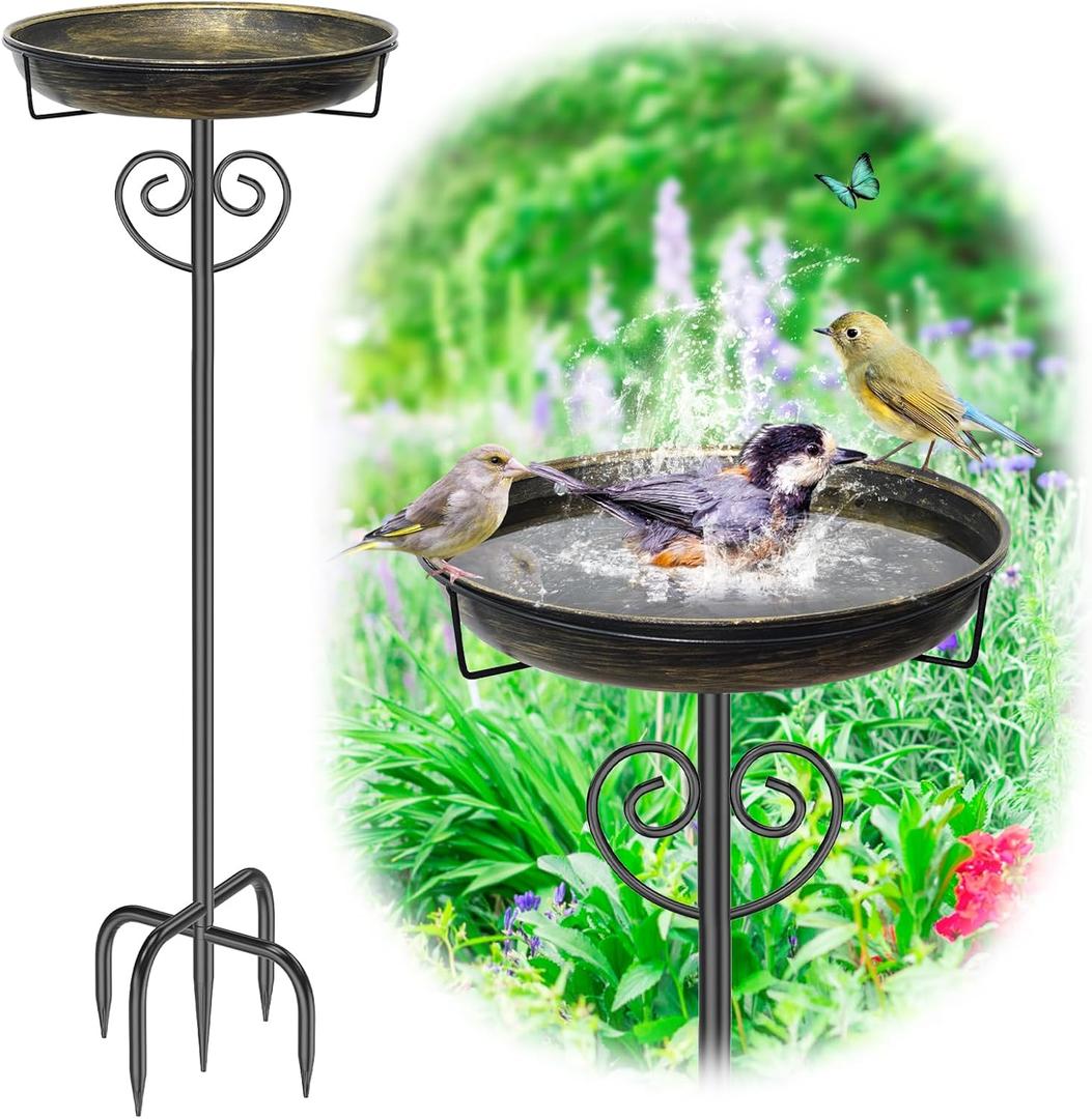 Metal Bird Bath for Outside,Vintage Freestanding Bird Bath with Metal Stake Upgraded 5 Pronged Base Detachable Birdbaths Feeder Bowl for Outdoors Garden Patio Yard Lawn Decor (Vintage Gold)
