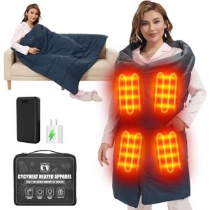 20000mAh Heated Blanket Battery Operated - 7.4V DC Portable Wireless Cordless USB Heating Blanket for Outdoors (Blue+with 20000mAh 7.4V DC Battery, Wearable Blanket 52x43in)