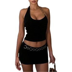 MakeMeChic Women's Two Piece Club Outfit Chain Halter Crop Tops and Bodycon Mini Skirt Set (Black, Small)