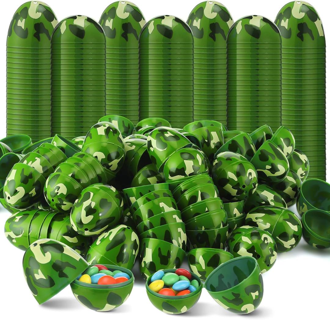 Seenelling 100 Pcs Unfilled Camo Easter Eggs Bulk Colorful Camouflage Plastic Candy Eggs Holiday Basket Stuffers Containers for Easter Hunt Party Supplies Decorations, 2.36in(Military Green)