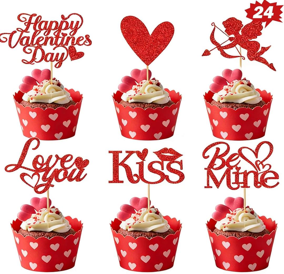 Valentine's Day Cupcake Toppers | 24 Pack, Pink, Red, Cupid, Heart, Party Decor, Love, Romantic, Valentine Cake Decorations