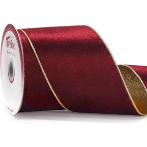 4" Burgundy Velvet Gold Glitter Backing Wired Ribbon 10 Yards for Christmas Wedding Wreath Gift Wrapping Home Dcor DIY