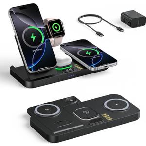 Foldable Magnetic Dual Phone Charging Station, 30W Wireless Charger Stand with Clock & Night Light, Fast Mag-Safe Charger for iPhone 17/16/15/14 Pro Max Plus Air, AirPods and Apple Watch