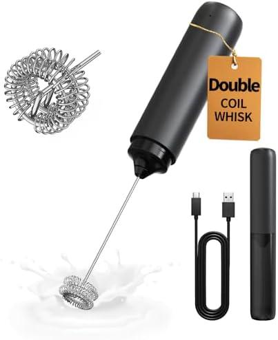CIRCLE JOY Rechargeable Milk Frother Hanheld, Dual Coil Whisk Head Electric Coffee Frother, Portable Hand Frother Wand Drink Mixer for Matcha Lattes Cappuccino, Kitchen Gifts, Black