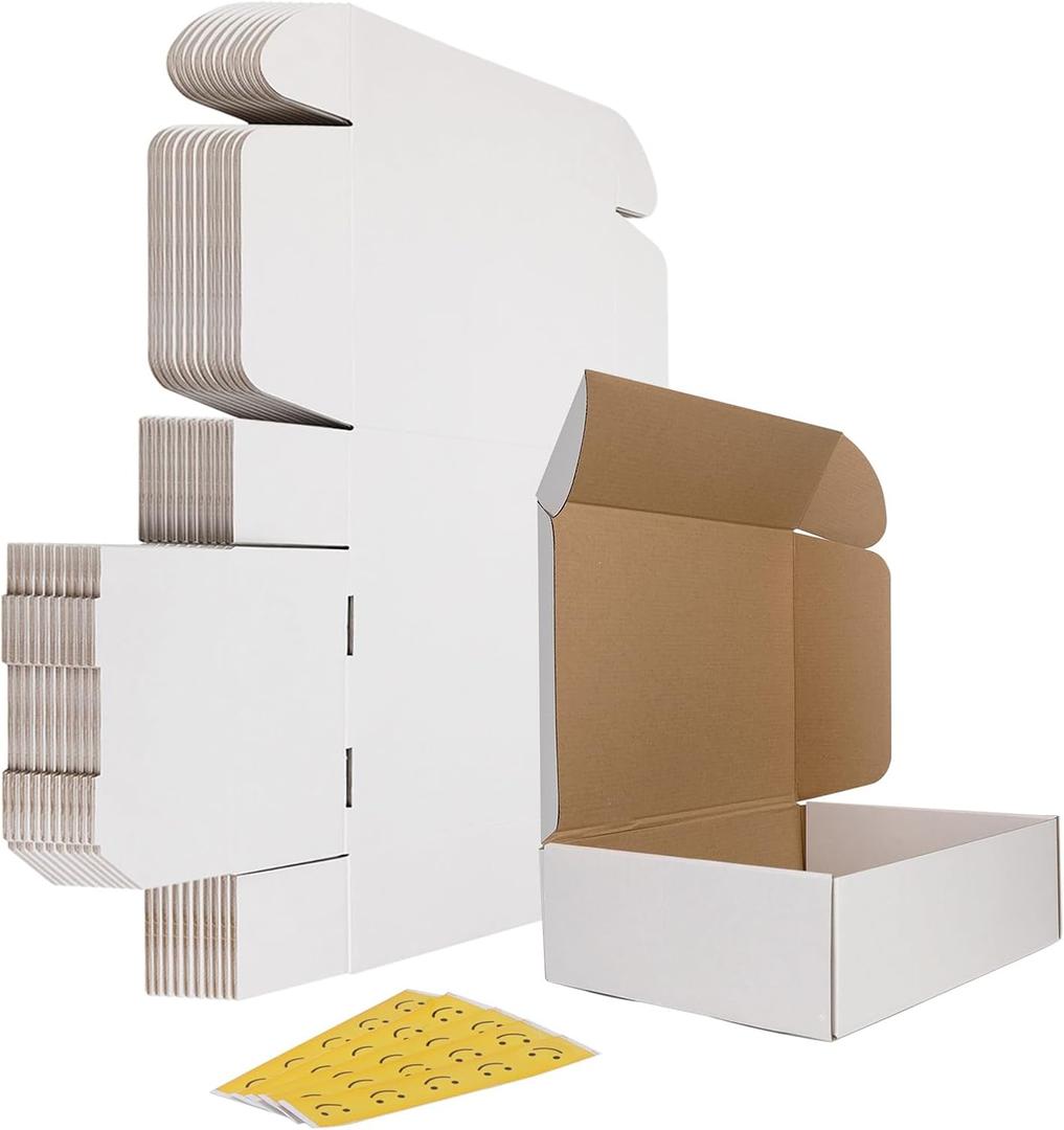 HORLIMER 13x10x4 inches Shipping Boxes Set of 15, White Corrugated Cardboard Box Literature Mailer, 15 Stickers Included