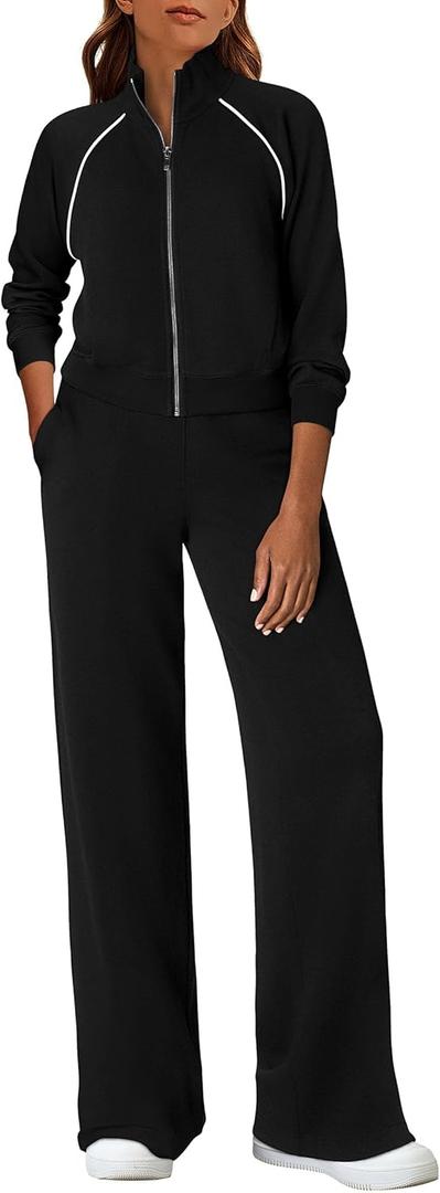 PRETTYGARDEN Womens 2 Piece Outfits Sweatsuits 2026 Fall Full Zip Sweatshirts Workout Pants Matching Lounge Sets Tracksuits (Medium, Black)