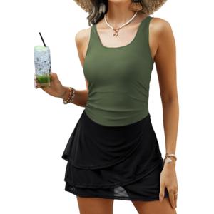 Women One Piece Tummy Control Swimsuit Modest Swim Dress Bathing Suit Skirt Swimwear (Green, M)