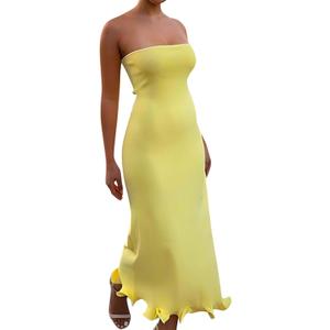 ISZPLUSH Women's Sexy Bodycon Tube Strapless Dress Y2K Ruffle Hem Trim Irregular Long Dress Going Out Tube Outfit (Large)
