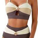 Herseas Women's 2 Piece Brown Contrast Color Bikini Sets Oval Metal Wire Free Swim Suits 2026 High Waisted Ruched Modest Sporty Bathing Suits Summer Flattering Resort Outfits, X-Large