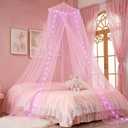 Pink Bed Canopy with Star Lights for Girls Bedroom, Dome Princess Canopy Bed Curtains with Pink Lights 8 Modes USB Powered, Bed Netting Kids Tent Twin Full Queen King Size Bed