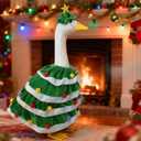 Christmas Porch Goose Outfit Holiday Costume with Green Tree Skirt and Santa Hat for 23" High Concrete Goose Clothes Outdoor Garden Statue Decor Accessories (Xmas06)