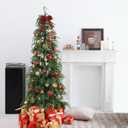 6ft Real Touch Norfolk Prelit Christmas Tree Decorations with 150 UL Listed Warm White led Lights, Lighted Slim Pencil Tree for Baby's First Christmas with 340 PE Tips, Metal Stand, Plug-in