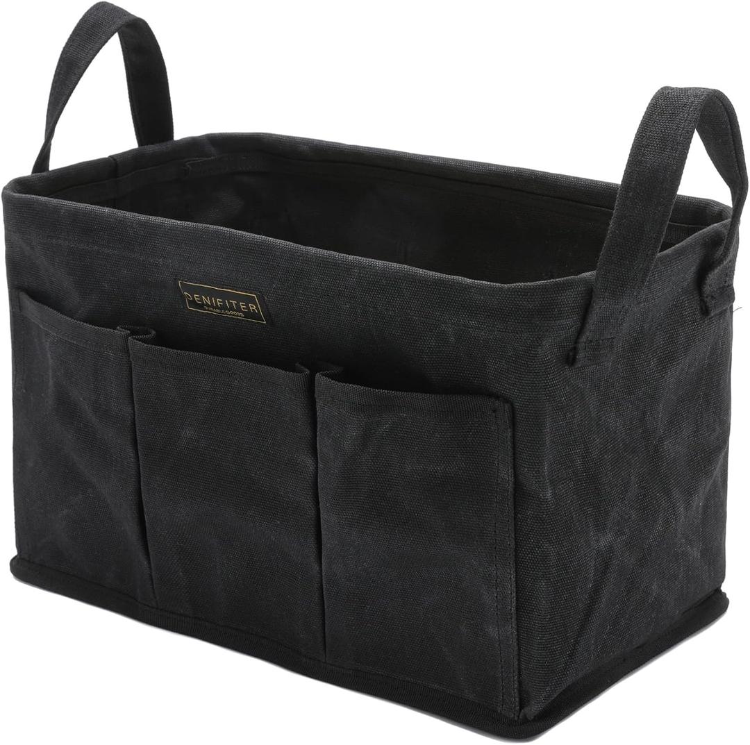Storage Tool Case, 13.8 x 7.8 x 7.8 Inches, Rectangular Waxed Canvas Fabric Collapsible Tool Bag with Handles for Tools,Wrench Set,Screwdrivers (Black)