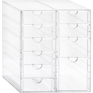 Prsildan Acrylic Drawer Makeup Organizer with 11 Drawers, Set of 2 Office Desk Organizers Accessories, Clear Stackable Storage Drawers for Vanity, Countertop, Craft, Jewelry, Art Supply Organization