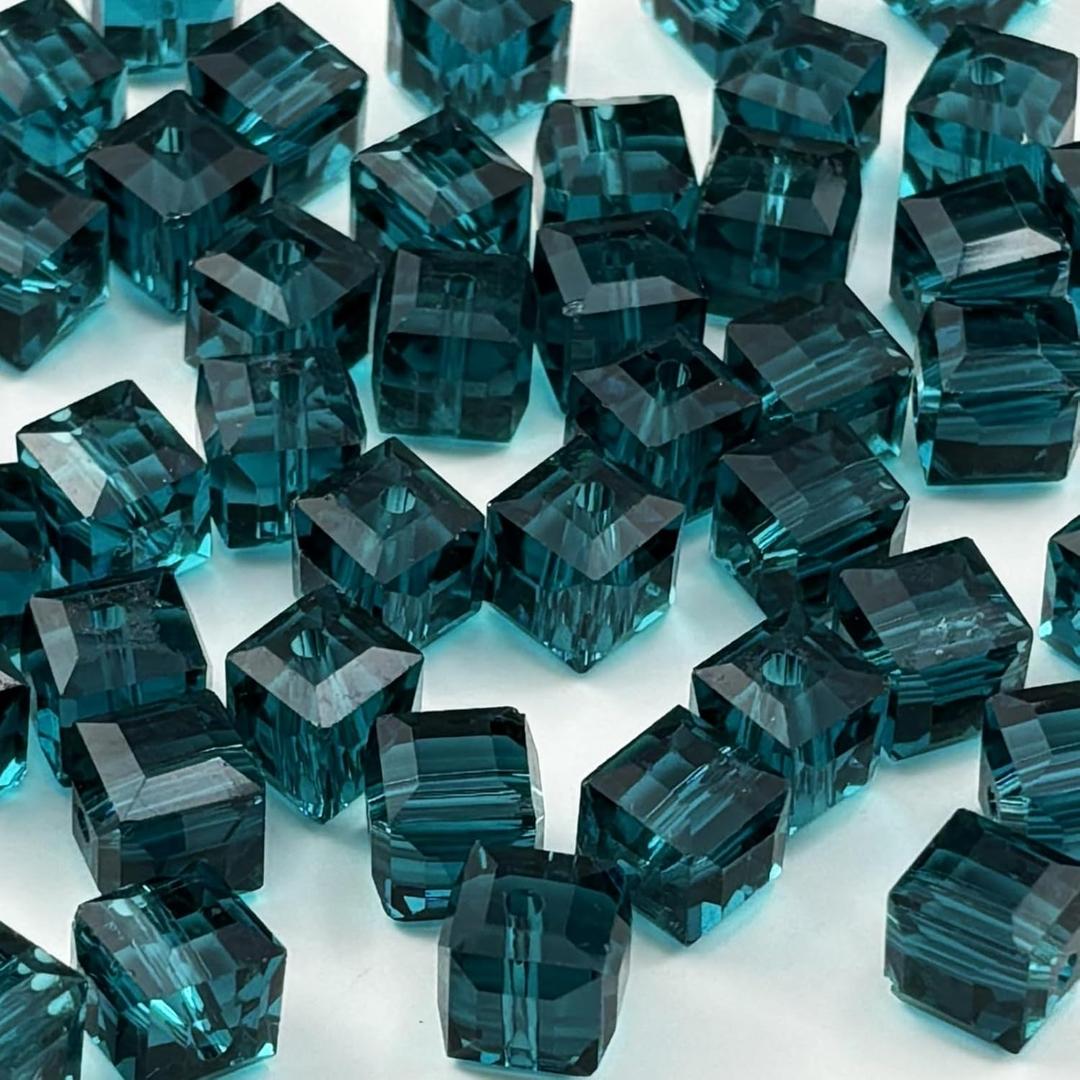 100pcs 6mm Crystal Glass Cube Beads Square Glass Beads Crystal Spacer Beads for Bracelets Necklace Earring DIY Jewelry Making Craft(Peacock Blue)