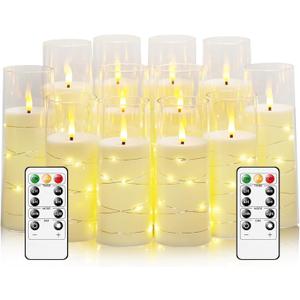 Sasigeiaa Flameless Candles with Embedded Star String - Battery Operated LED Candles, with Remote,12 Ivory Flickering Candles for Christmas, Weddings, Home Decor & Party,(D 2.3"H 5" 6" 7")