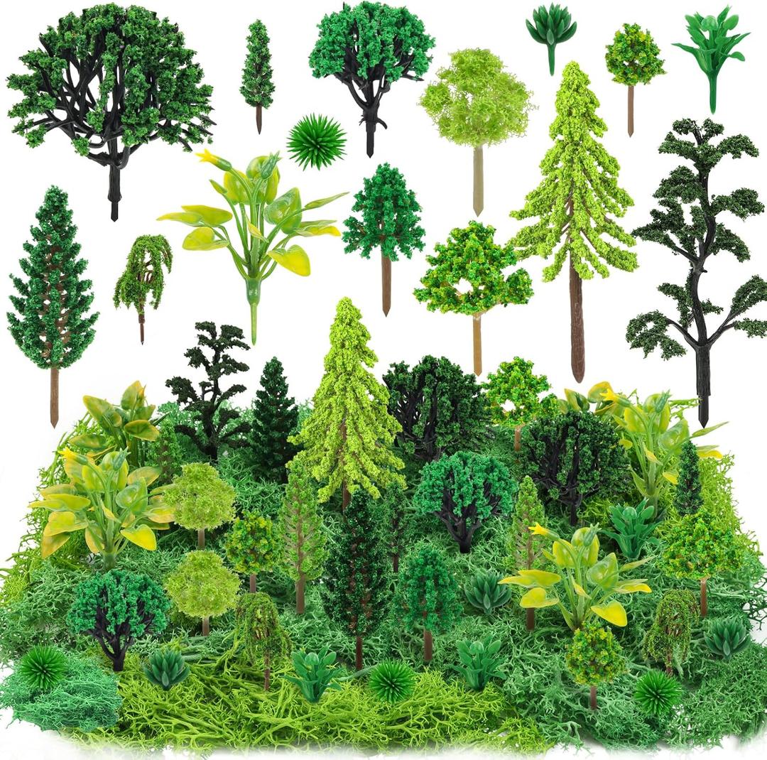 QUOZUO 36 Pcs Green Mixed Model Trees with 40g Moss, Diorama Trees Grass Mini Fake Miniature Trees Moss for Building Model, Model Train Scenery, Natural Green Landscape, Railroad Scenery