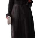 Plus Size Floor-Length Solid Long Sleeve Pleated Women's Maxi Dress Prom Dress with Belt Size 5XL