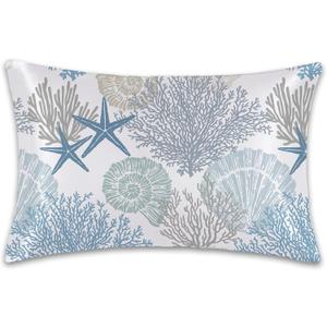 Satin Pillowcase 1 Pack- Starfish Seashell Coral Nautical Blue Silky Pillow Cover for Hair and Skin,Queen Size 20x30 Inch Soft Cooling Printed Pillow Cases with Hidden Zipper,Gifts for Women Men