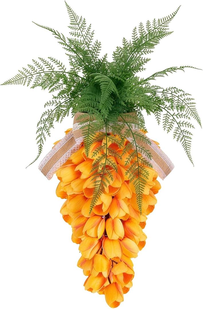 24" Pre-lit Tulip Carrot Easter Wreath for Front Door Spring Carrot Swag with Battery Operated Lights & Burlap Bow Farmhouse Spring Wreath for Porch Wall Artificial Flower Welcome Hanging Sign