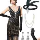YESSA Flapper Dresses 1920s Gatsby Dress for Women Roaring 20s Costumes Fringed Sequin Cocktail Dress with 20s Accessories (Large, Black-gold)