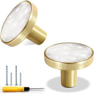 2 Pack Gold Knobs for Dresser Drawers, Brass Dresser Knobs Round Cabinet Knobs for Kitchen Cabinet Cupboard Door Decorative Furniture Hardware, 1-1/4" Diameter, White