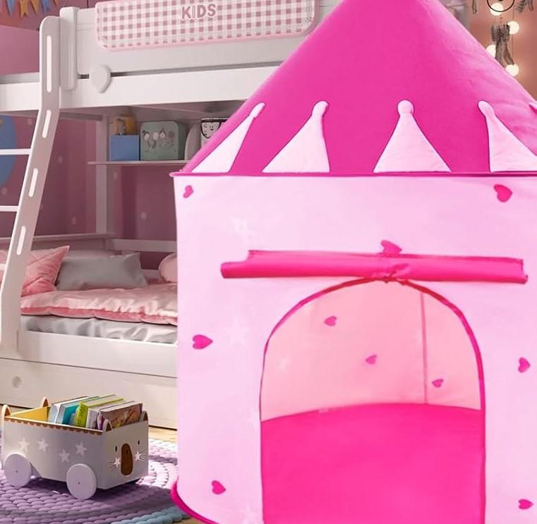 15Pcs Princess Castle Play Tent Dress Up with LED Glow in The Dark Stars for Little GirlsPrincess Dress Up Cape with Crown,Girl Play Tent/House Toy for Indoor & Outdoor Use (Pink)
