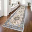 KUTA Vintage Washable Runner Rug 2.6x12, Non-Slip Hallway Kitchen Runners Ivory Blue White with Rubber Backing, Soft Printed Modern Medallion Extra Long 12ft Carpet Rugs Indoor for Bedroom