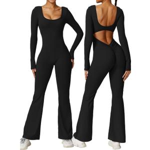 Vertvie Women Flare Jumpsuits Long Sleeve Sexy Backless Padded Bodycon Rompers Scrunch Butt V Back Playsuit Workout Bodysuit (Medium, Black)