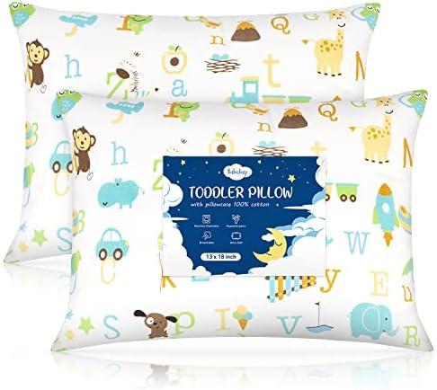 Babebay Toddler Pillow,13 x 18 Kid Pillows for Sleeping, Machine Washable Kids Pillow with Soft Cotton Pillowcase, Perfect for Travel, Toddlers Cot (Animal Letters)