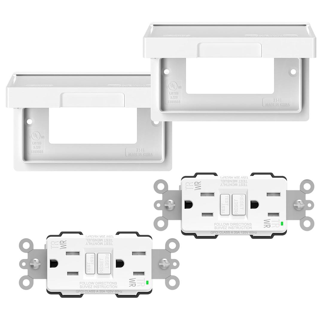 ELEGRP Horizontal Outdoor GFCI Outlet with Cover, Weather Resistant GFCI Receptacle and Wall Plate, 15 Amp Self-Test GFI Outlet, Thinner Design Ground Fault Receptacle, UL Listed, Matte White, 2 Pack